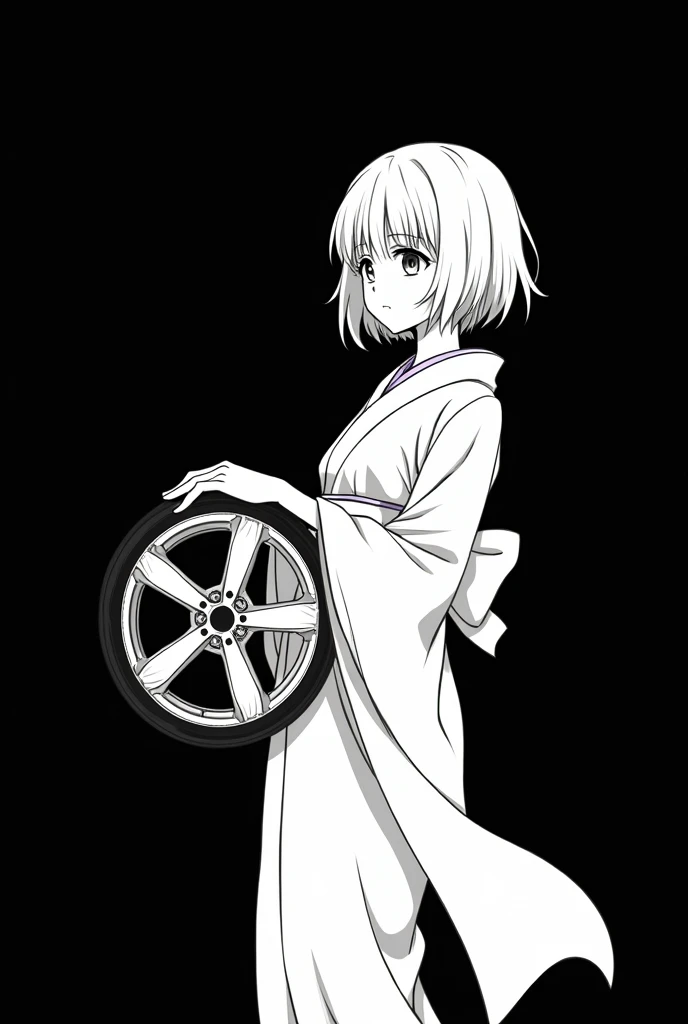 Write with a white pen on a black background. No grey, just black and white.。
Girl in kimono。Anime style, girl's hair length is bob。
Car wheel in hand1I have one。
The wheels are 5 spokes。