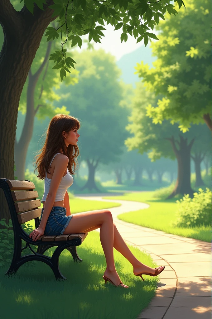 A woman wearing a mini skirt is sitting in the park.