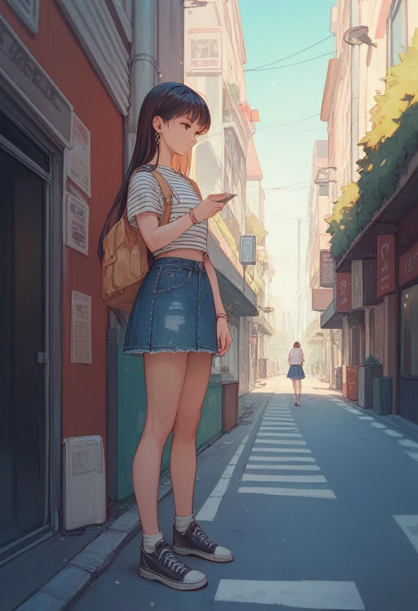 Girl, denim maxi skirt , skirt is very long，street,standing,cool ,anime