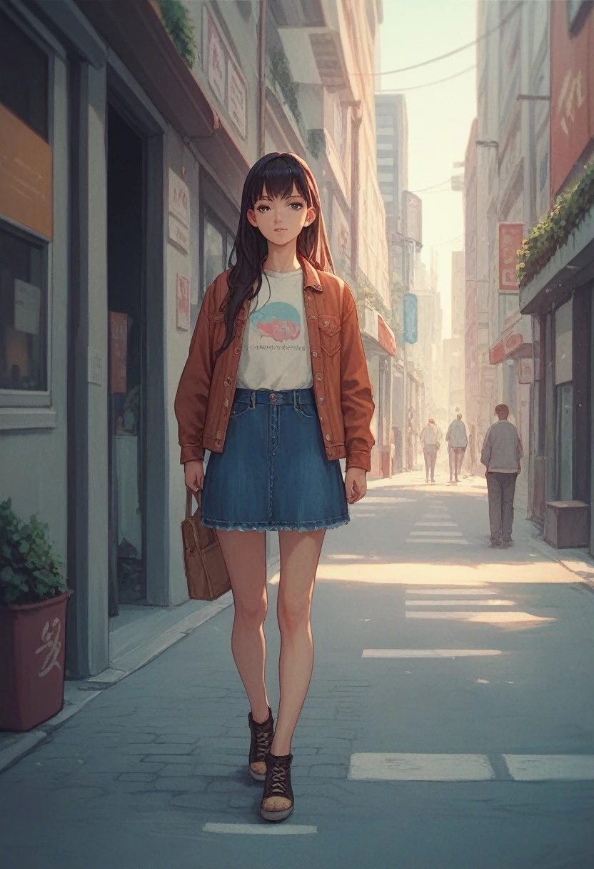 Girl, denim maxi skirt , skirt is very long,street,standing,cool ,anime