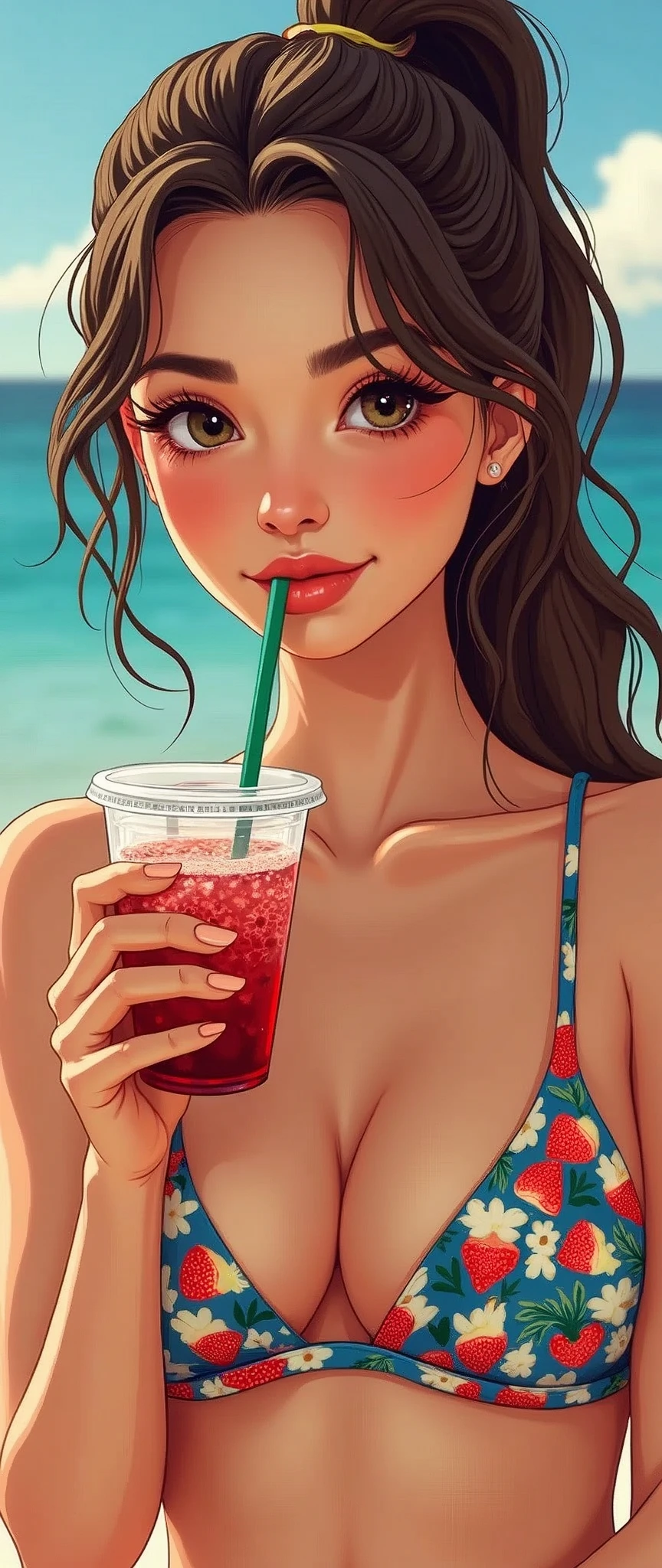 (masterpiece:1.2, Highest quality,Highest quality,Very detailedな:1.2),(Very detailed),8k,(Best illustrations:1.2),(Vector art,Vector Flat,Pop Art,Aaron Hawkeye style),(1 female),(Random nationality women,Beautiful Face,Beautiful Eyes,Beautiful Hair,Detailed skin texture:1.3,Beautiful Hands:2.0,Detailed hands:1.2,Cute Nail Art:1.2,Random hairstyle),(A woman drinking a new fruit Frappuccino,straw,Stylish tableware,A stylish seaside coffee shop),(Stylish Photos),(Cool looking photo),(A delicious smile:1.2),(summer),(Detailed depiction down to the last detail),(Swimwear:1.6)