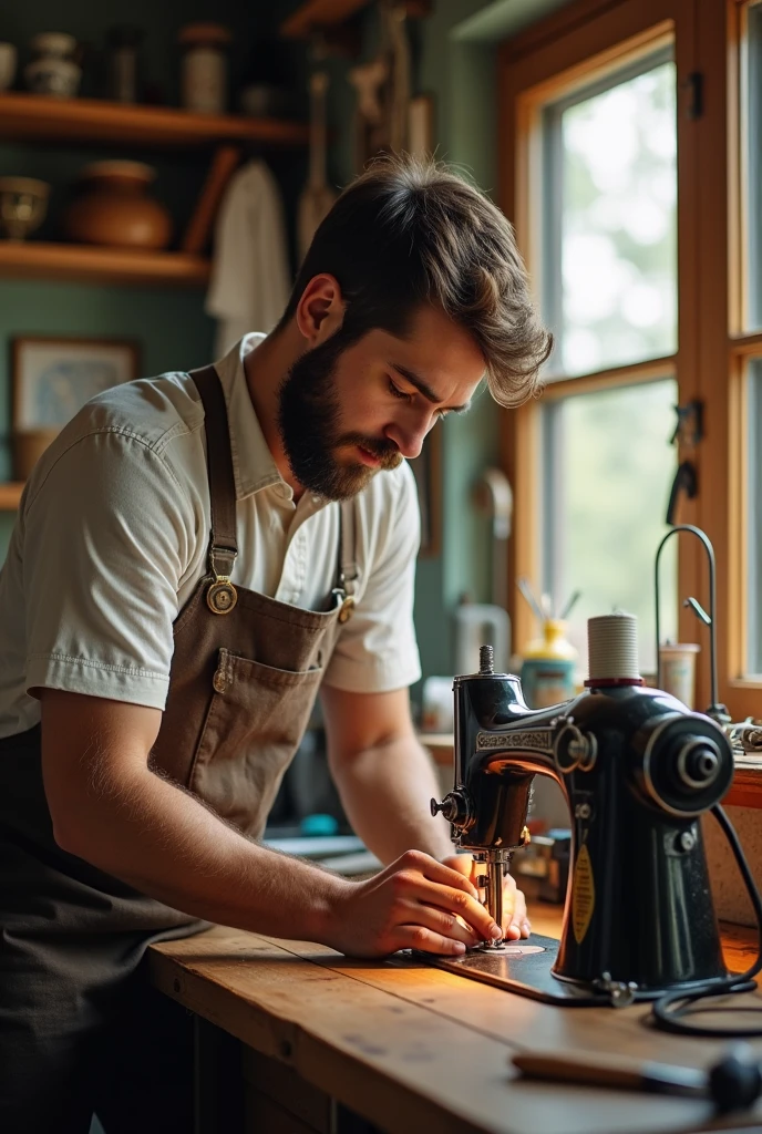 young man in workshop repairing sewing machine
