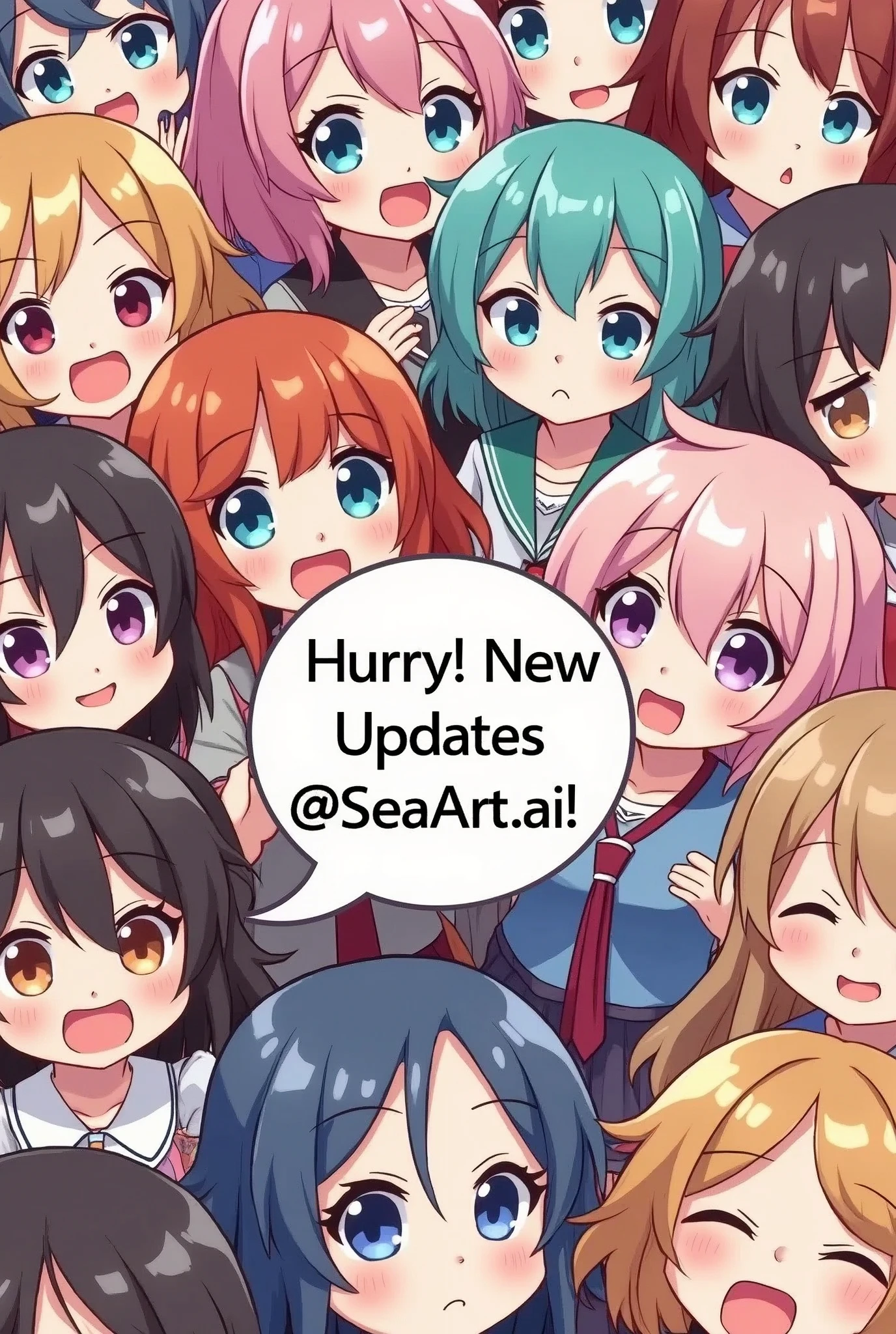 quality\(masterpiece, best quality,8k,wallpaper of extremely detailed CG unit,hight resolution,top-quality,top-quality real texture skin,hyper realisitic,increase the resolution,RAW photos,best qualtiy,highly detailed,the wallpaper\), so many girls\( seamless,(chibi:0.4),cute,kawaii,big eyes,many expressions\(smile, serious, crying, shouting \),various cute clothes,various hair, flat anime, vivid color,rushing\(from top-right to bottom-left\)\) , (isometric view), ((((cute text balloon says "Hurry! New Updates @SeaArt.ai★"))))