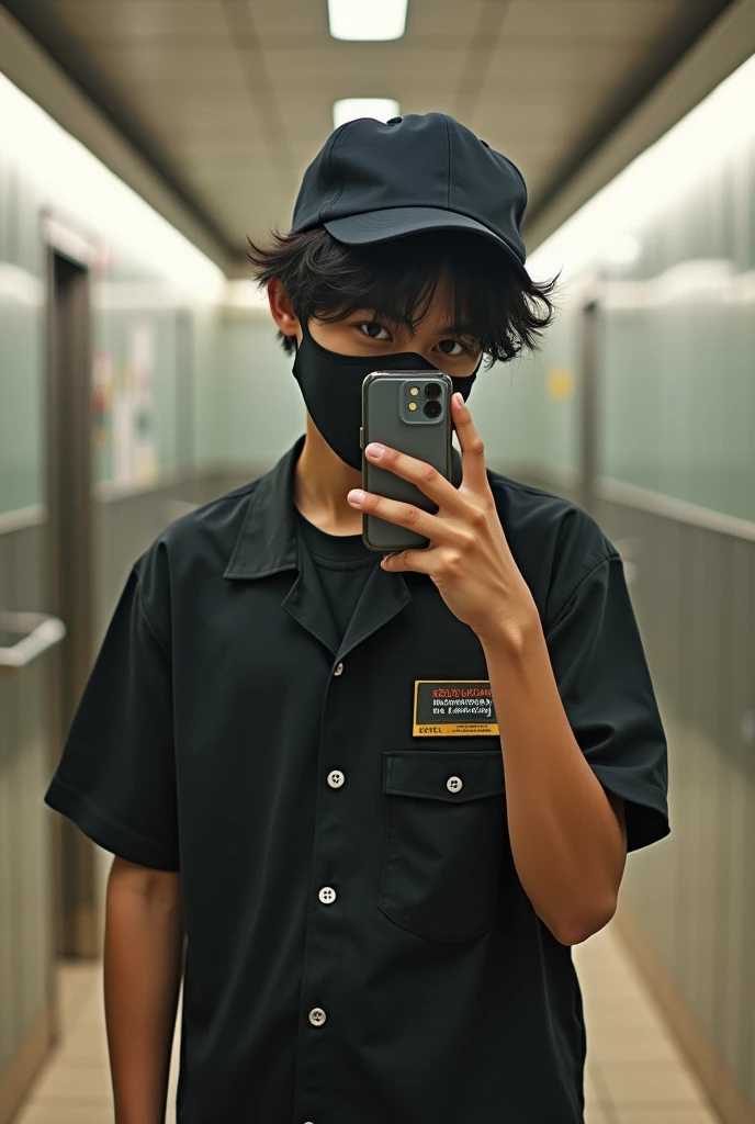 bored filipino 14y/o guy 161cm eye level hair with black mask and convenience store worker outfit with half cap at the mall bathroom taking a picture of his self