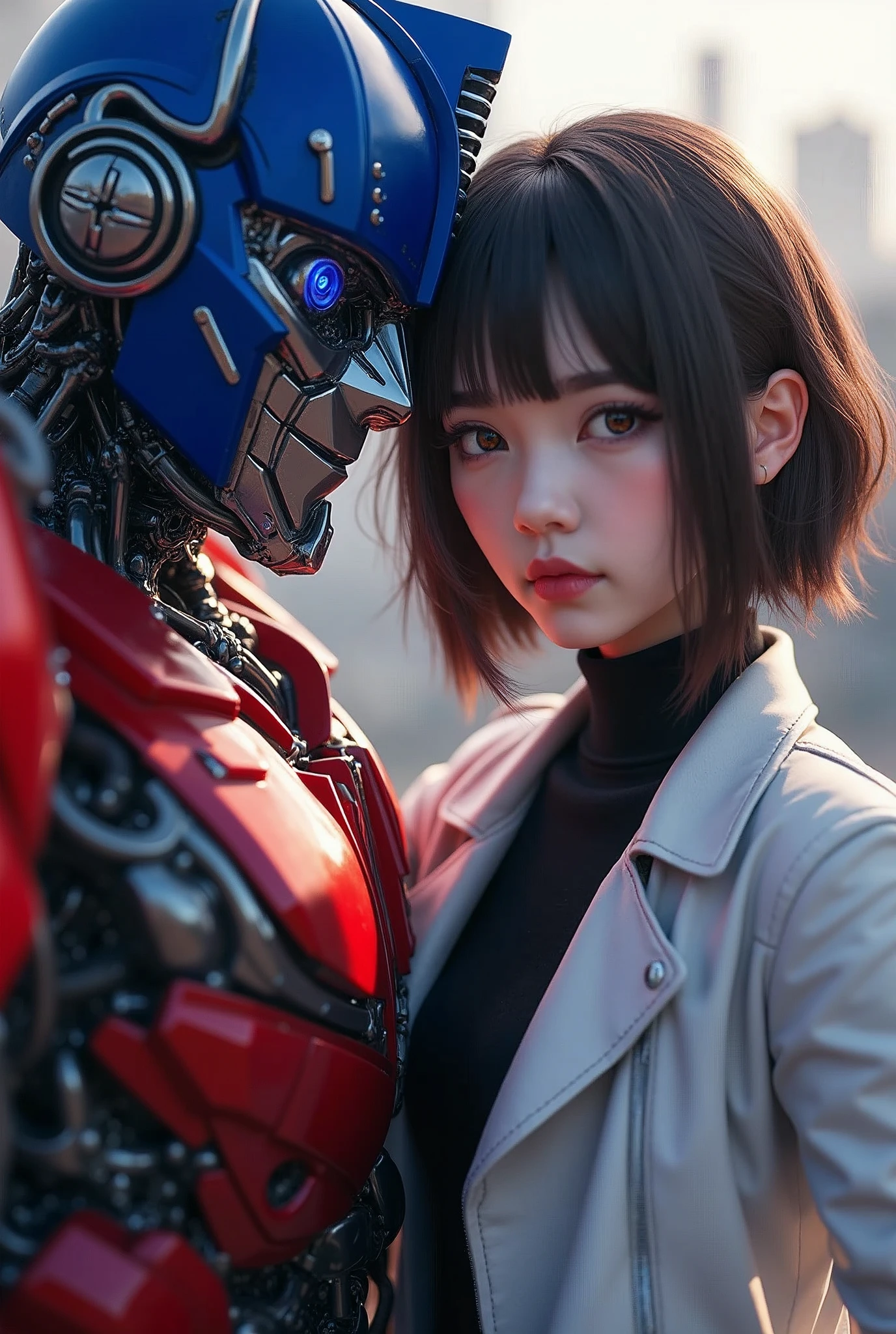 Sarashina Ruka and Optimus Prime, 1girl, black shirt, white jacket, detailed face, beautiful eyes, beautiful lips, long eyelashes, robot, cross-over, futuristic, intricate mecha details, dynamic pose, dramatic lighting, cinematic composition, vibrant colors, hyper-realistic, 8k, photorealistic, masterpiece, by artstation, ArtStation,