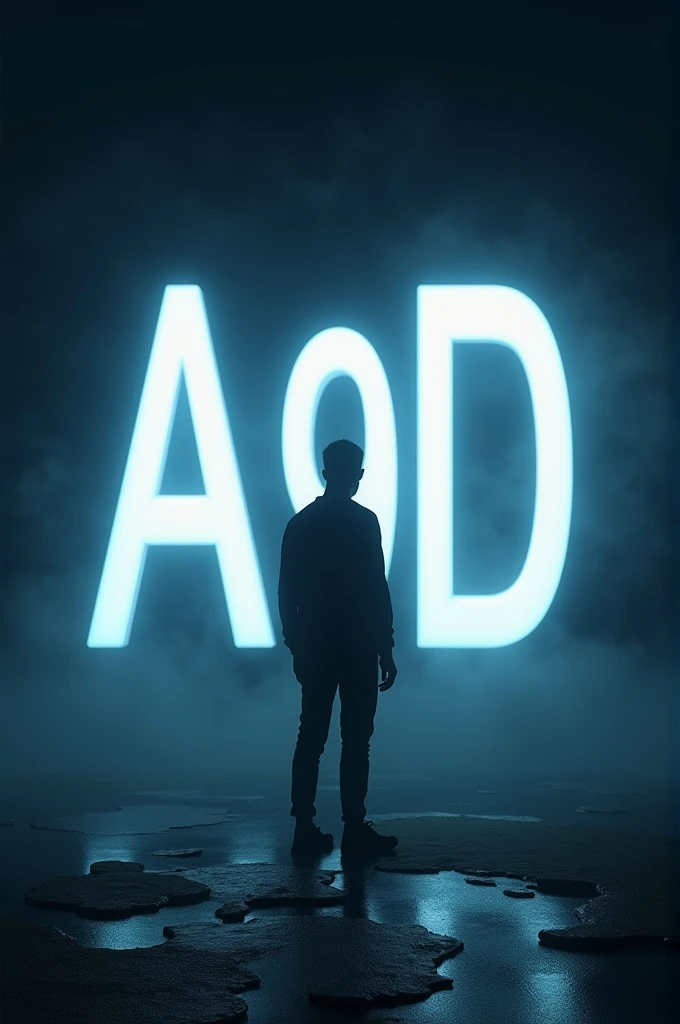 The background should be a dark gradient to keep the focus on the letter and the person. Ensure that the lighting gives a soft glow to the edges of the A9D letter and casts subtle shadows to add depth