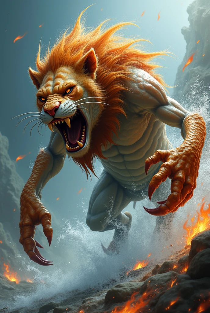 An animal that mixes:
Body of a fish Claw and tail of a scorpion Head of a lion Background in water and fire.
The animal must be attacking with a threatening look.