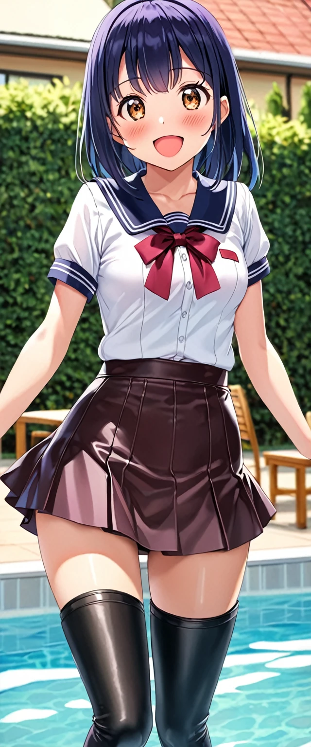 woman,20-year-old,pool,noon,(((Miniskirt School Uniform))),,open mouth smile((leather thigh high boots))(),(big ass),(()),blush、surprised face,(((I can see your pants))),((look back))(cute underwear)