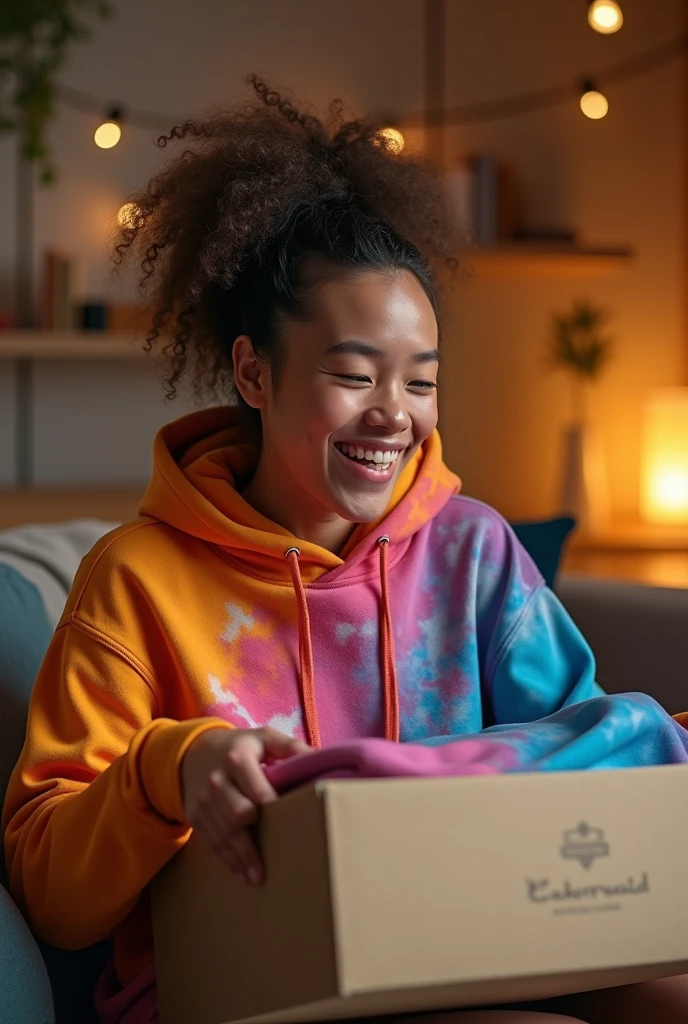 "A happy customer unboxing a custom product ordered through a Printify store. The product is a colorful, custom-designed hoodie, neatly packaged in a branded box. The customer is smiling, clearly excited about the quality of the product. The setting is a cozy, modern living room with warm lighting, giving the scene a welcoming and positive vibe."
