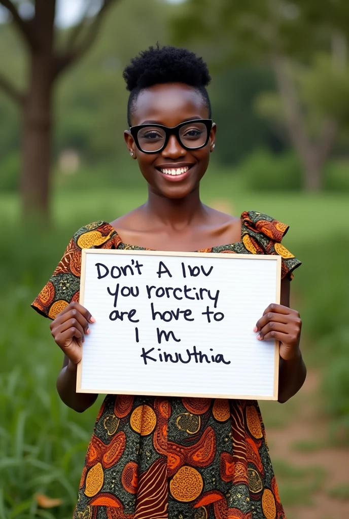 Beautiful black girl with short hair, beautiful brown eyes African dress, wearing black oversized glasses, smiling nature background real photography shot holding a white board with text "you're my one and only Kinuthia"