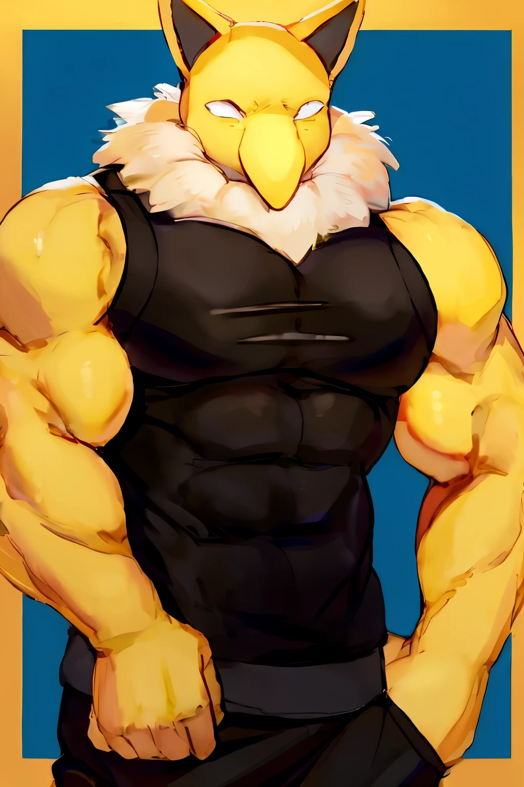 Furry, Anthro, solo, Hypno, Male, (((muscular body, massive thighs, massive male pectorals, yellow skin, fluffy neck, wearing white fur around neck, pointing))), ((((massive biceps, wearing black tanktop, wearing black sweatpants)))), ((((((massive bulky torso, wide-eyed, head tilted)))))), black/yellow spraypainted background, by buta99, by zackary911, by bebebebebe, (((digital painting)))