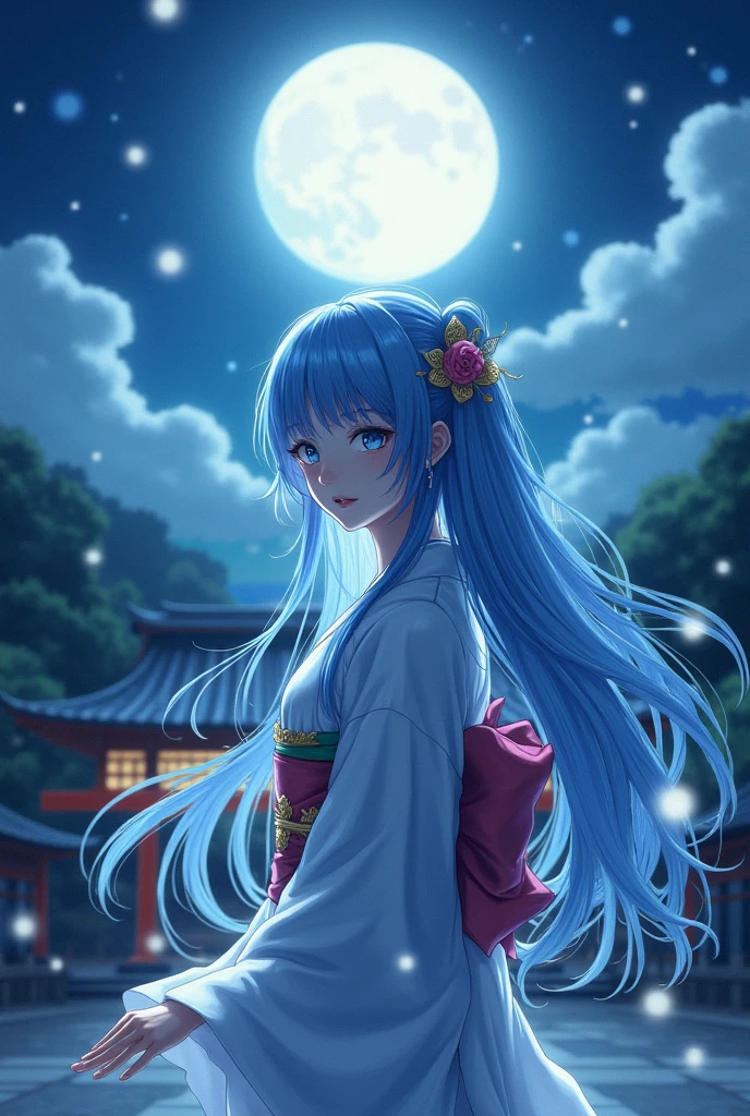 One girl, kimono, Shrine maiden, Long Hair, Blue Hair, Blue eyes,night空, moon, wallpaper, landscape, Depth of written boundary, night, Particles of light, light, Side light, cloud
