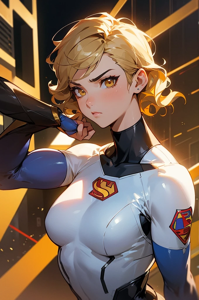 1female , undercut hair , wavy hair ,short hair, black Hair , golden Eyes , muscular ,teen female , Serious Expression , Modern City Background , Big symbol on chest, modern city background, upper body, superman shirt, arm, white arm sleeves, superhero suit, Superman S Symbol, lesbian, blonde highlights, white leotard outfit,
