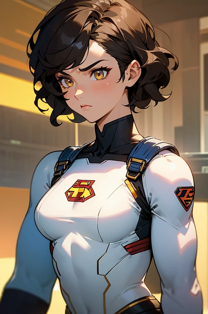 1female , undercut hair , wavy hair ,short hair, black Hair , golden Eyes , muscular , female , Serious Expression , Modern City Background , Big symbol on chest, modern city background, upper body, superman shirt, arm, white arm sleeves, superhero suit, Superman S Symbol, lesbian, blonde highlights, white leotard outfit,