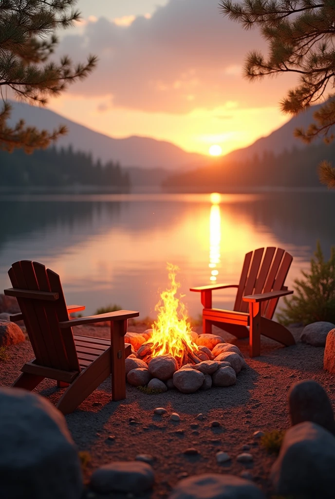 Fire pit by the lake with two chairs at sunset
