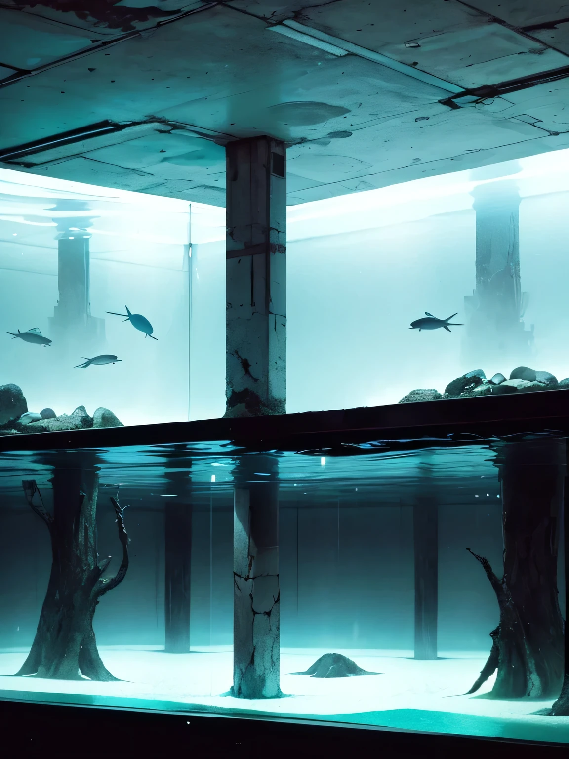 An giant aquarium inside an underground brutalist museum, black and white and cyan