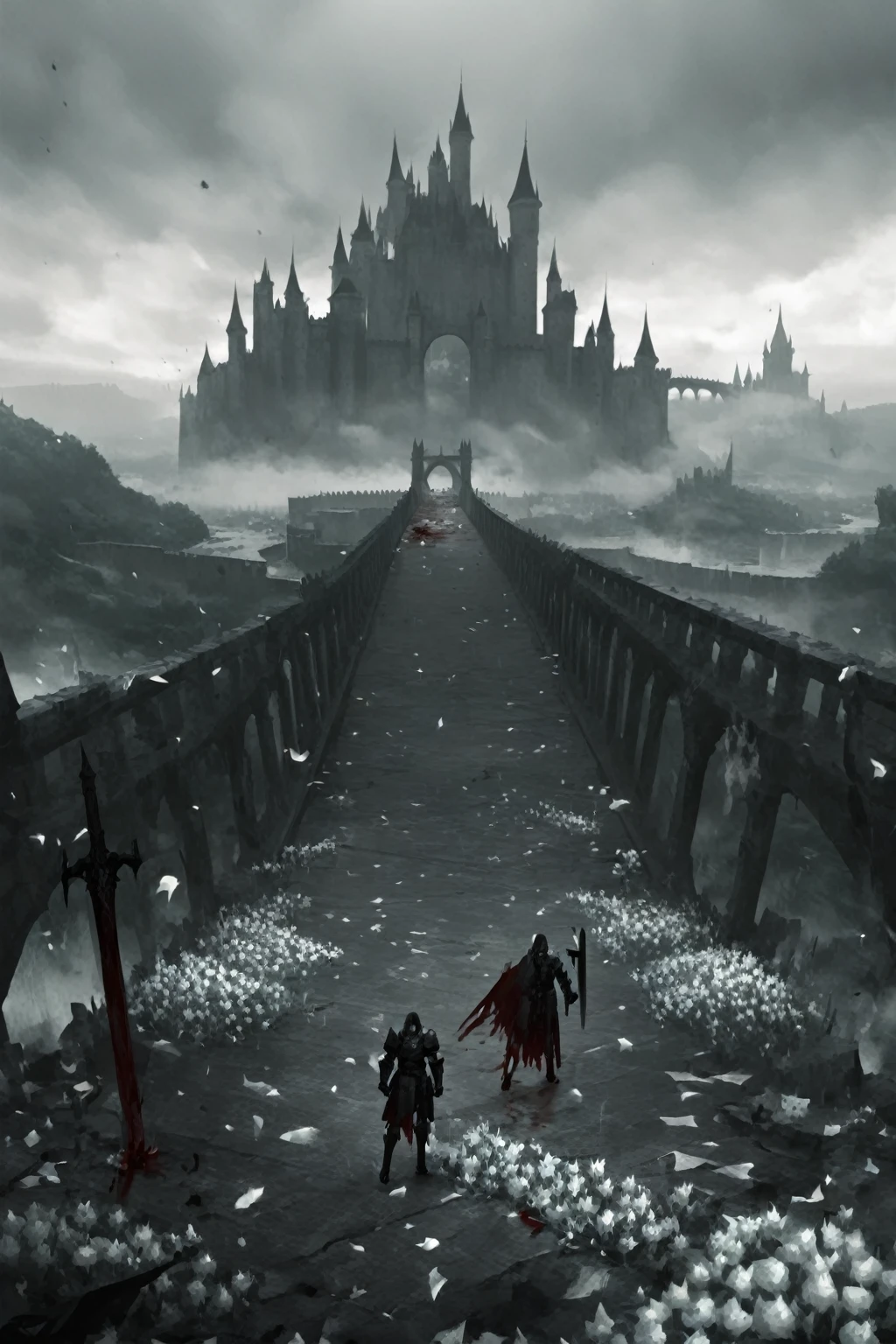 Big Wide Bridge, castle in the background, haze, brutally excessive, great knight with great shield, fallen knights, corpses, karo, blood on the bridge, white flowers under the bridge, stunning landscape (dreamy landscape)