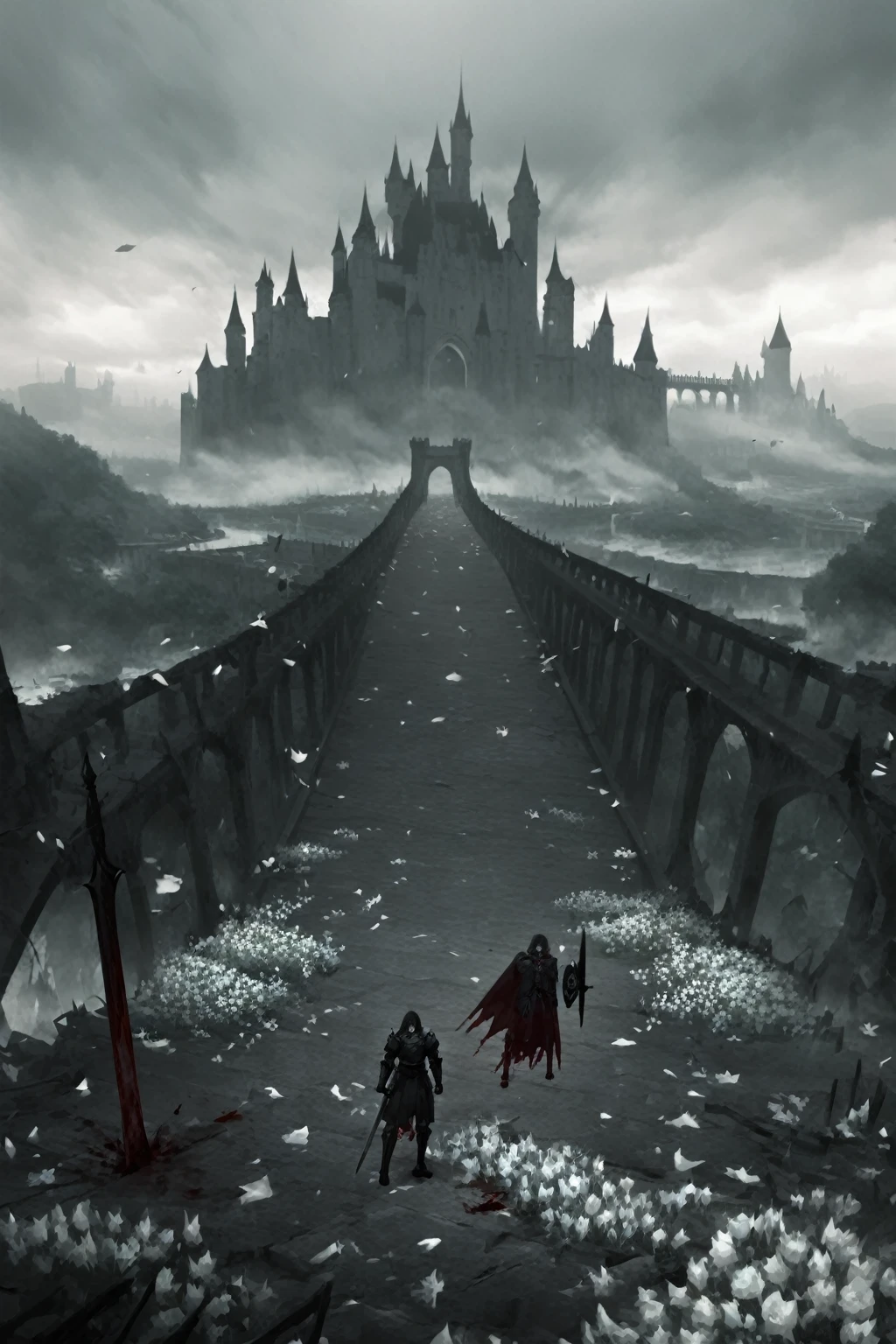 Big Wide Bridge, castle in the background, haze, brutally excessive, great knight with great shield, fallen knights, corpses, karo, blood on the bridge, white flowers under the bridge, stunning landscape (dreamy landscape)