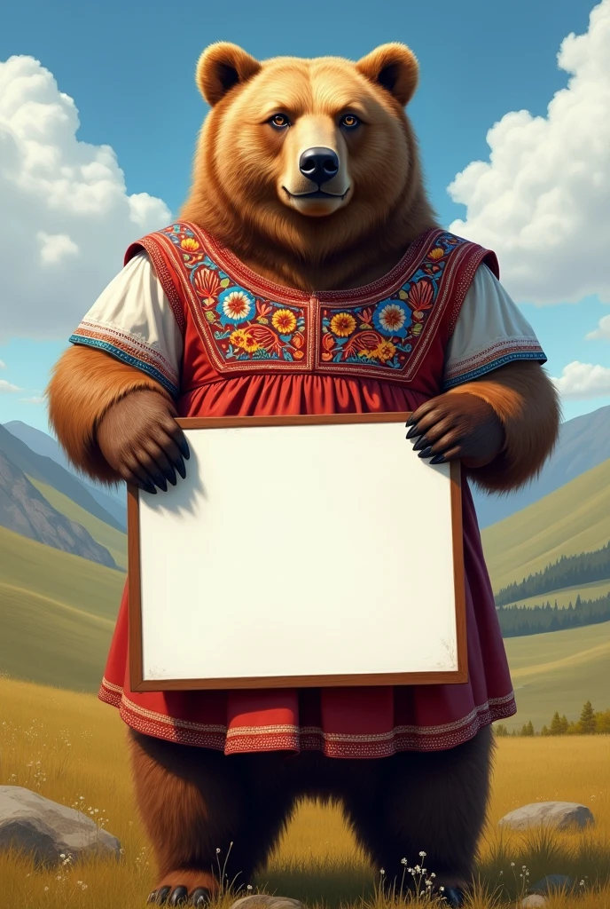 Beautiful russian bear, slavic dress, holding a white board with text "I Love Mother Russia" and showing it to the viewer