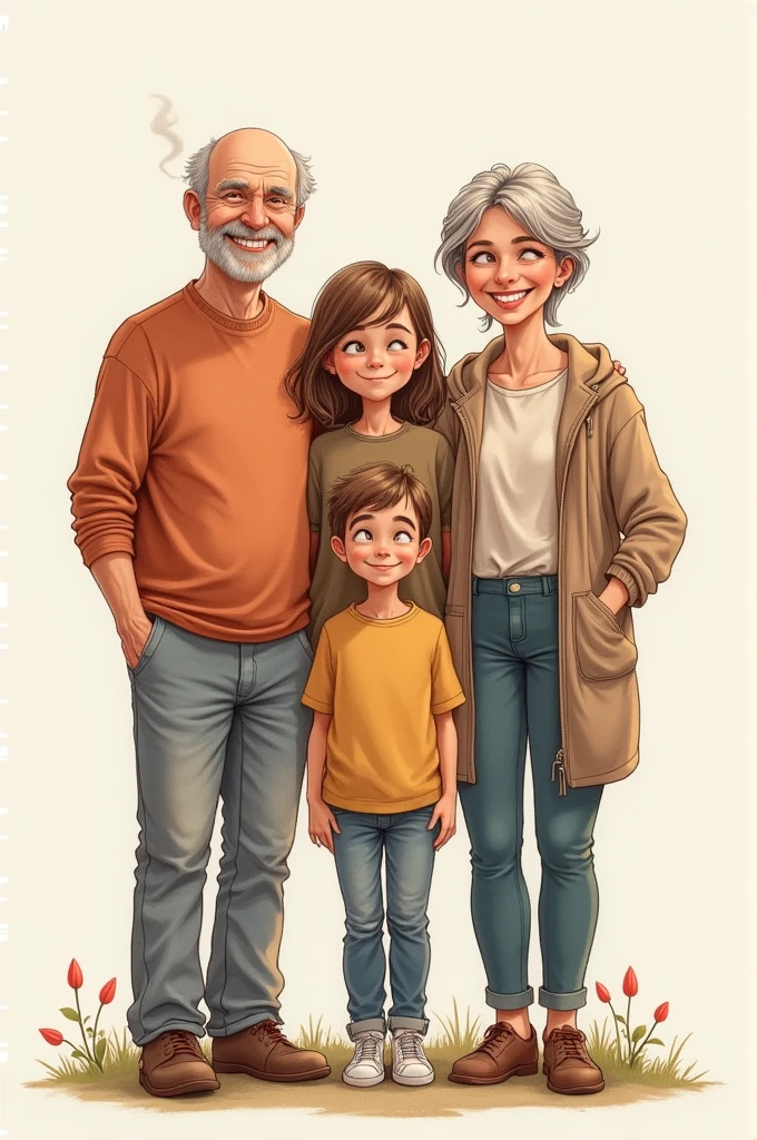 A happy family photo in drawing, 50 year old bald mother, 52 year old smoking father, happy daughter and unsmiling eldest son