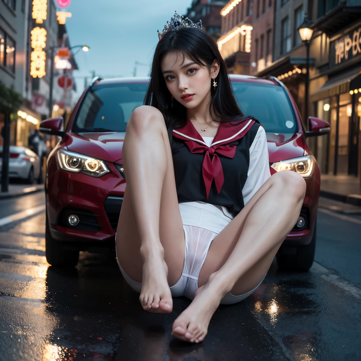 SFW, (Closeup from Crotch to Face) ExtremelyDetailed (SchoolGirl Lean against the Car) Spread Knees Up, perfect face, Brilliant(Tiny Crown), Detailed(Delicate Clothing textures) Sailor Uniform with Red Ribbon (((WhitePanties))), PerfectHand with Childish 4Fingers and one Thumb, Corrected Leg to Foot Line, ((Starry Colorful Lights at Dusk City)) ((Specular Reflection:1.32)Shiny Wet Road)Shiny Cars, ((Hidden Arm) Hidden Sole) Red[High-Heels], TopQuality 8K Ultra-detailed masterpiece (ProfessionalPhoto:1.37)(Acutance:0.8)