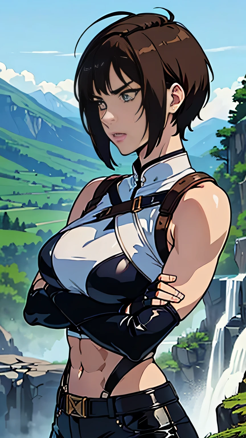 photo of mlp Meowko, RAW, beautiful woman, ((portrait)), ((detailed face:1.2)), ((anime face, anime facial feature, clear skin, clear skin), (short messy lesbian haircut, one shaved side, brunette: 1.55), (perfect proportioned body, Strong, muscular, narrow waist, narrow hips, skinny, large breasts), (wearing Hunter armor, leather pants, van braces, big boots, fingerless gloves: 1.1), (crossing arms: 1.22), (detailed mountainous background:1.1), valley, overlooking waterfall, (realistic photo, best quality, detailed), (8k wallpaper), (cinematic lighting, beautiful light, (day:1.3)) (sharp focus, intricate)