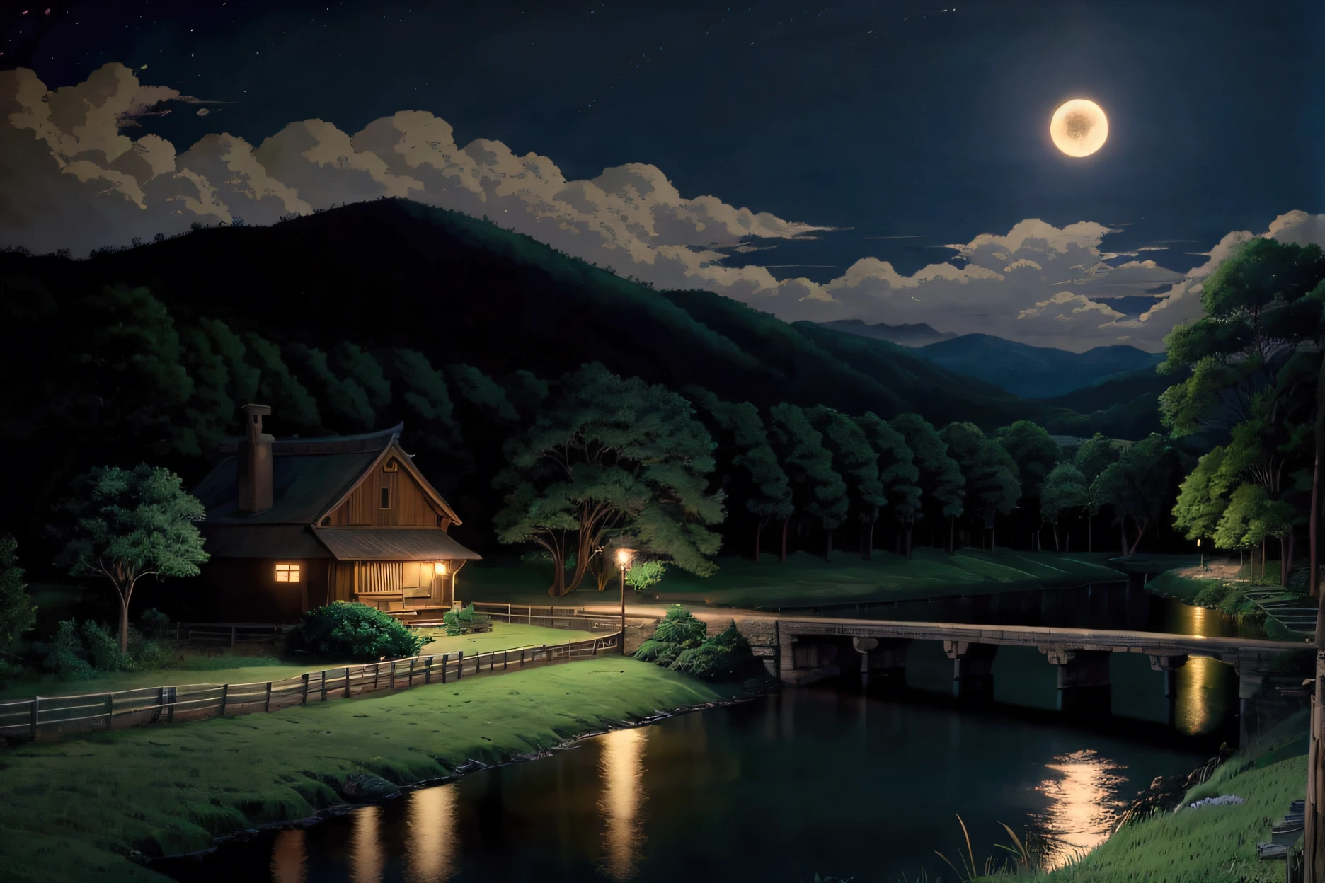 Rural Scenery、Ghibli style、night、