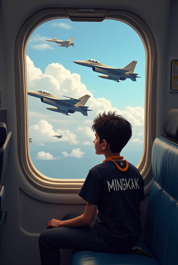 Buat realistic image untuk anak laki-laki berusia 18 tahun yang duduk dengan tangan terlipat di pesawat Dan dari jendelanya dia melihat pesawat tempur. A boy wearing a black t-shirt with the name “MINGKAK” written on it. He looks very handsome, lord shiva tilak rots on your head, lord shiva garland on your throat, Beautiful View, realistic image, plane in the sky, high quality images, beautiful background.