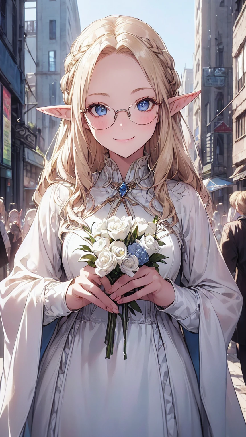 Very close、((Focus on the upper body))、16K、masterpiece、High resolution、High resolution、((****ung elven woman))、((Beautiful white skin))、((Beautiful blonde、Wide forehead visible、Glasses))、short hair、((Beautiful Blue Eyes))、((Pointed Ears))、Smiling Kindly、blush、((Formal wear))、((In a crowded city))、Courting me