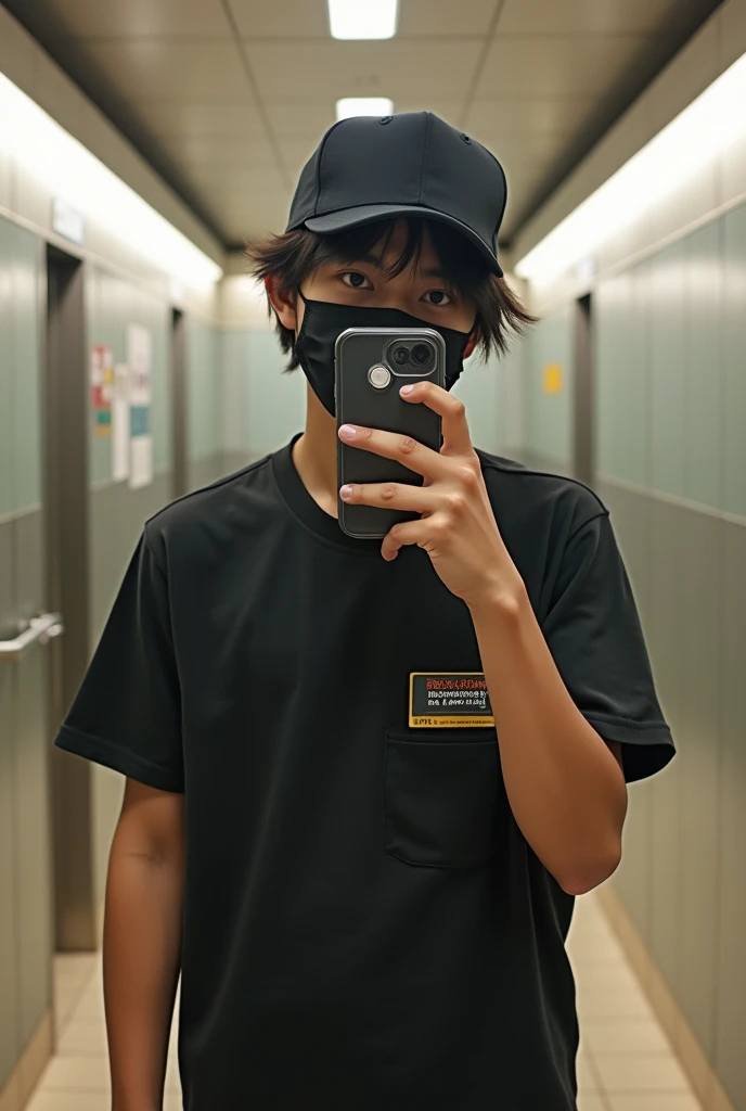 bored filipino 14y/o guy 161cm eye level straight hair no style with black mask and convenience store worker outfit with half cap at the mall bathroom taking a picture of his self