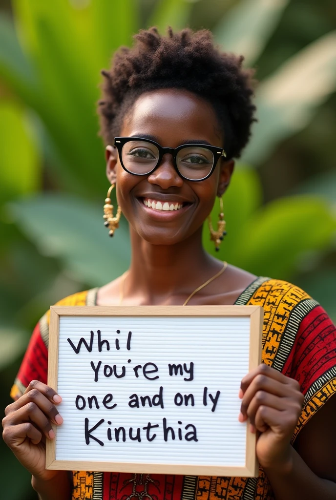 Beautiful black girl with short hair, beautiful brown eyes African dress, wearing black oversized glasses, smiling nature background real photography shot holding a white board with text "you're my one and only Kinuthia"