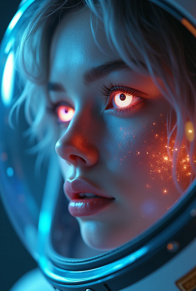 (Close-up of a better masterpiece:1.5)0.9], (Space and astronauts:1.2) (Messy silver hair:1.1) (Heterochromia xanthochromia and blue eyes:1.2) (Space Helmet:1.0) (Colored stars in the eyes:1.0) (A radiant glow:1.1) (thick lips:0.9)nude