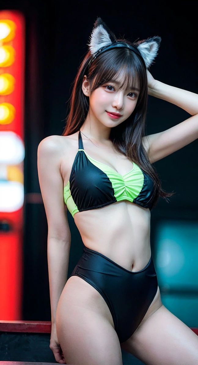 , Korean Women、Fluorescent gloss string bikini、Sit on a stool and spread your legs、long scattered blonde hair、large full breasts、skiny、full body Esbian、Hands on the head、Hyper-detailing、​masterpiece、perfect bodies。