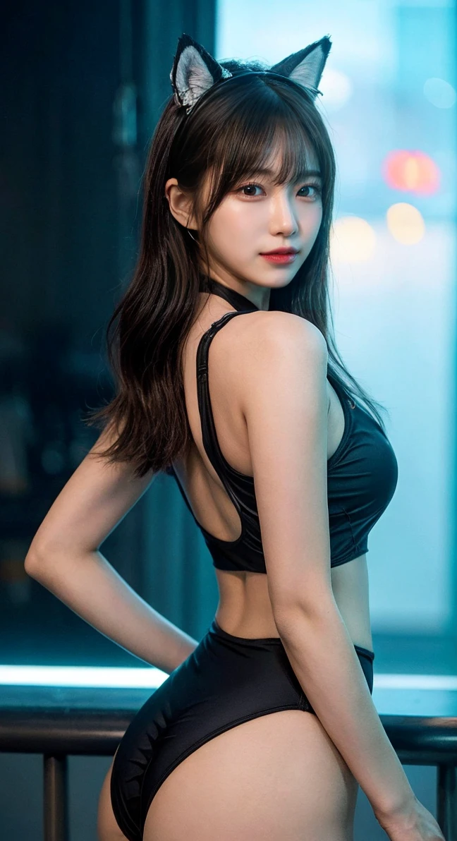 最high quality, masterpiece, 32K、Very detailed、Realistic、1 girl, Japanese women、Rotate your hips and strike a pose、A sloppy smile、Cute Face, (photo Actual:1.3),Bob Hairstyles、Black hair color、Green and black fox ears headband、Edge lighting, (Skin with attention to detail:1.2), 8k超High resolution, Single-lens reflex camera, high quality, High resolution, 4K, 8k, Optimal ratio of four fingers to one thumb, (Actual:1.3), cute 1 girl, Realistic、Super Realistic、32K、Very detailed、masterpiece, 最high quality, beautiful girl, beauty、Gorgeous girl, Big Breasts、Big Ass, Tight waist, Spread your legs, Plenty of facial detail, Futuristic competitive swimsuit、Sexy black and yellow green swimsuit、High-grade competitive swimsuit、Cyberpunk swimsuit、Lime green and black cat ear headband、Showing your belly button、Futuristic Cyber Goggles、Black futuristic mask、Monochrome Photo Studio、hologram, Neon lighting, Very detailedな, High resolution, masterpiece, high quality, High resolution,