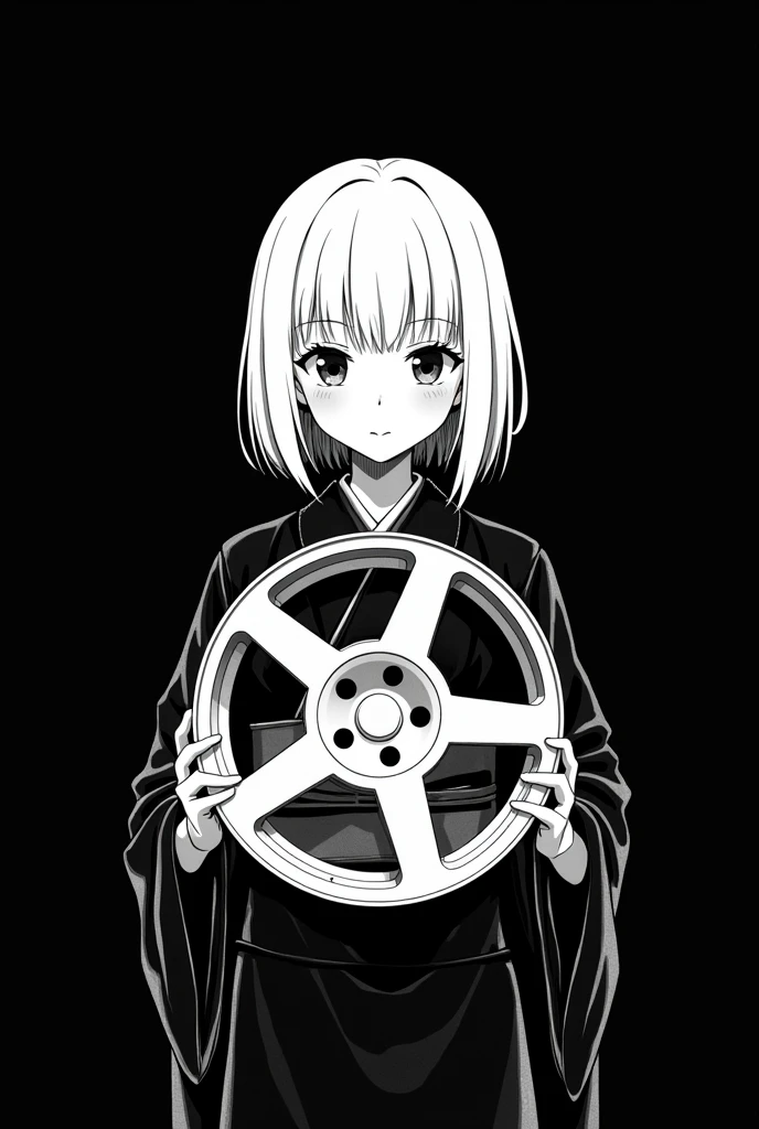 Write with a white pen on a black background. No grey, just black and white.。
Girl in kimono。Anime style, girl's hair length is bob, color is white。
Car wheel in hand1I have one。
No tires attached。
The wheels are 5 spokes。