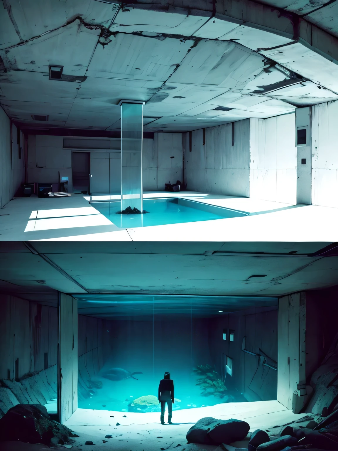 An giant aquarium inside an underground brutalist museum, black and white and cyan