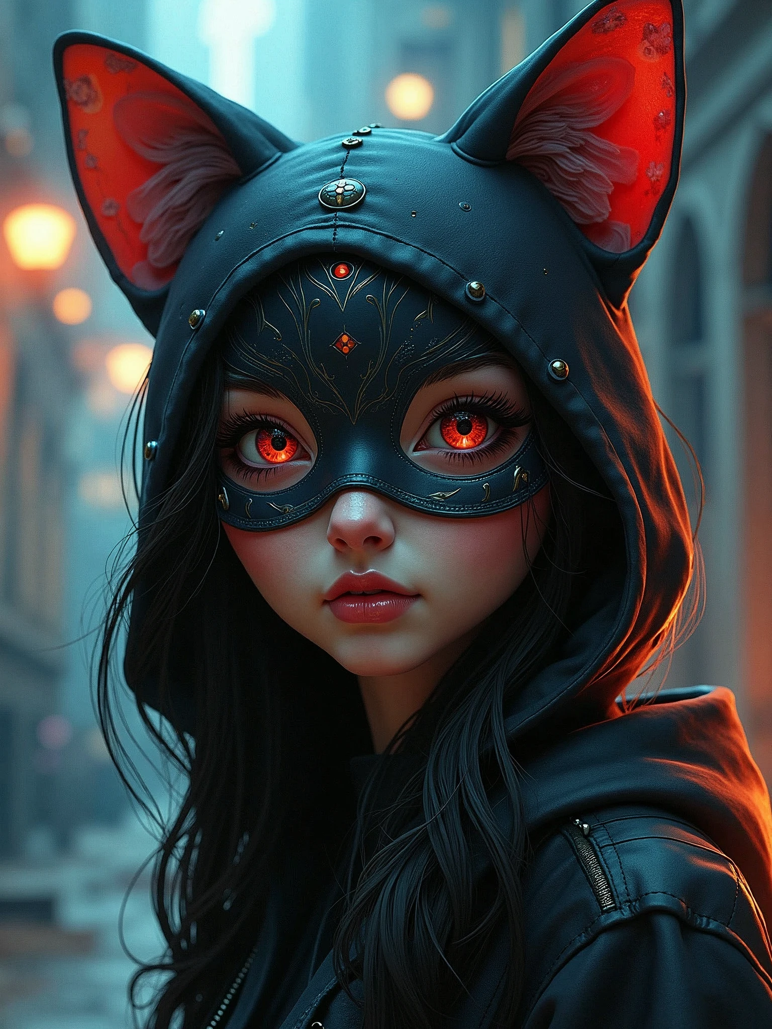 a close up of a person wearing a cat mask, trending on cgsociety, digital art, stefan koidl inspired, stylized urban fantasy artwork, for hire 3d artist, anthropomorphic female cat