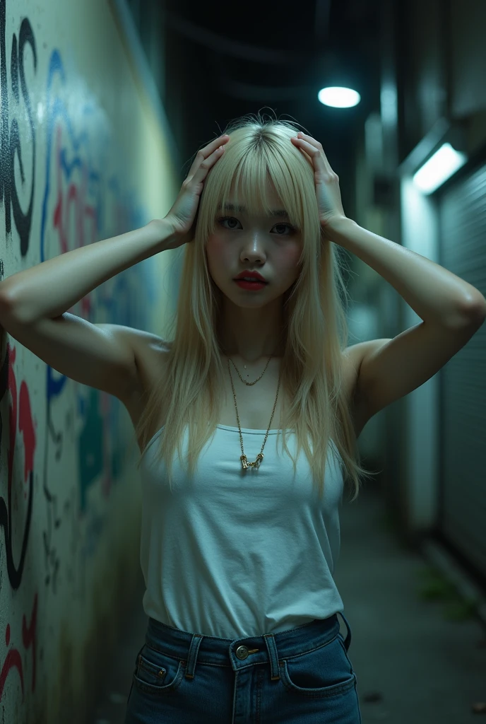 8k, RAW photo, realistic, (high detailed, best quality:1.2), night time, ((small chest:1.4)), (white Tattered camisole dress, dirty clothes), teenage Japanese girl, baby face, (blonde long hair, curly hair), petite body, wet skin, bust up shot, (dark abandoned hotel:1.2, cracked wall)
