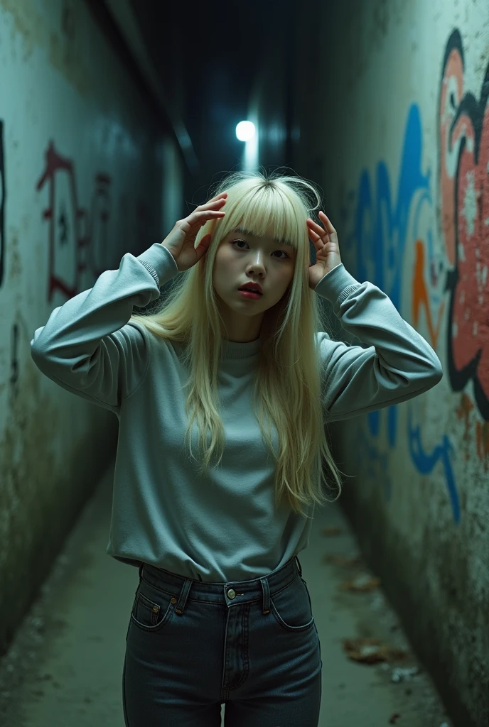 RAW Photos, 8k, (Highest quality), Realistic, (live-action, Intricate details), (Natural skin texture, Detailed skin, Hyperrealism, Sharpness), (Japanese girl standing in a dirty back alley at night, Put your hands on your head, graffitied wall:1.3), ((Gray and white Jirai fashion)), (Pale skin:1.2), Slender body, ((Blonde, Long Hair, Blunt bangs)), (Fascinating face, Provocative look, Lips parted:1.3, eye shadow, eyeliner, Tear bags:1.2, Red lipstick), graffiti:1.5, at night, Spot lighting:1.3, Upper Body Shot