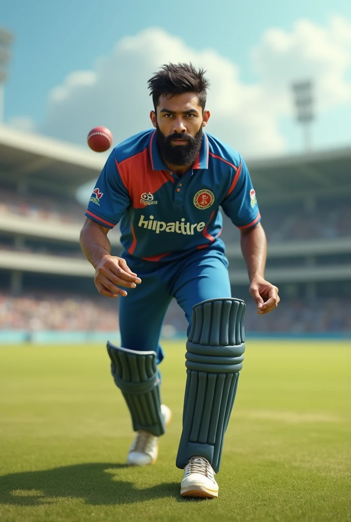 A cricketer having beard from Nepal (Looks like Deependra Singh Airee) fielding in cricket ground with great expression
