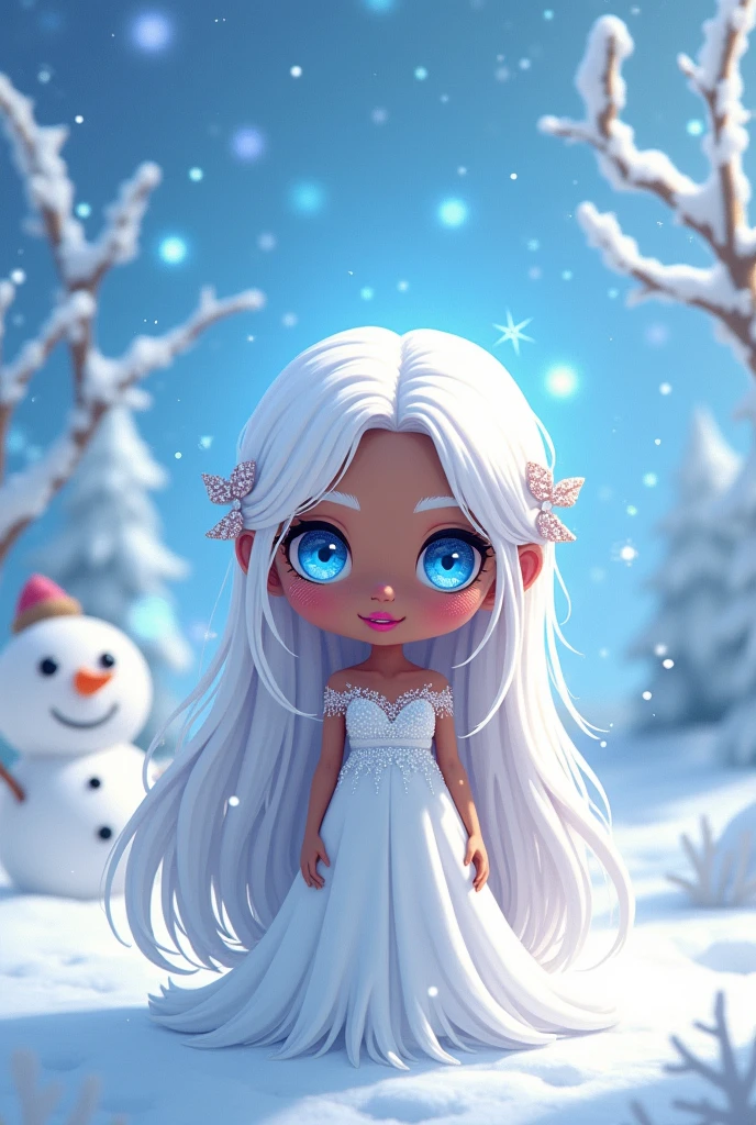 Long white haired woman in chibi, blue bright eyes,blue bright eyes,blue bright eyes, skin black, white gown, pink mouth, red cheek, snowy scenery with ice crystals, snowy scenery with ice crystals, snowman in the background, shining blue eyes
