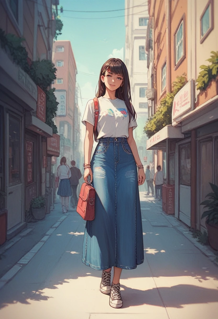 Girl, denim long skirt , skirt is very long , volume skirt,street,standing ,anime