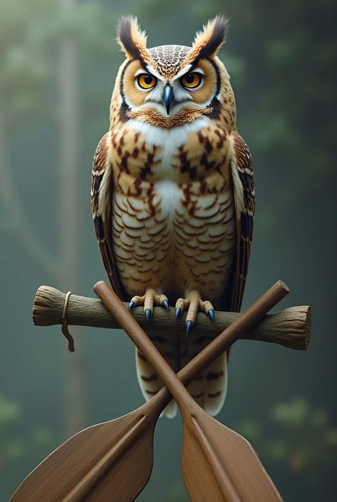 An owl sitting on two oars in X 