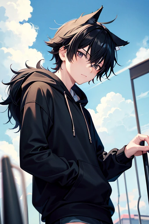 anime boy, 1 chico, black fur, wear grey hoodie, Looking at the sky, cloudy sky, afternoon, Lo-fi, camera from below