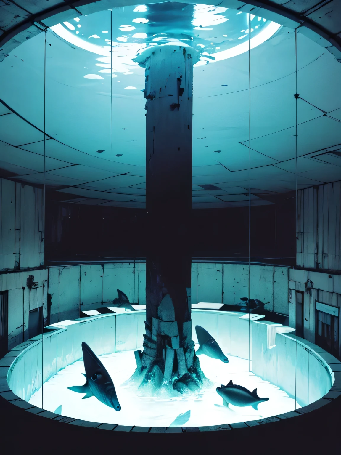 A giant aquarium inside an underground brutalist museum, black and white and cyan