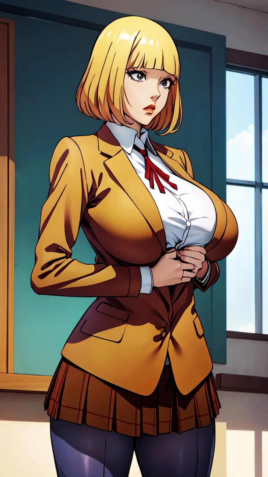 HnMdrkw-KJ , brown eyes , brown jacket, collared shirt, neck ribbon, plaid skirt, school uniform, blonde hair, Masterpiece, 8k, top-quality, best quality, official art, Beauty and Aesthetics, extremely detailed, full color, huge breast, serpentine body,