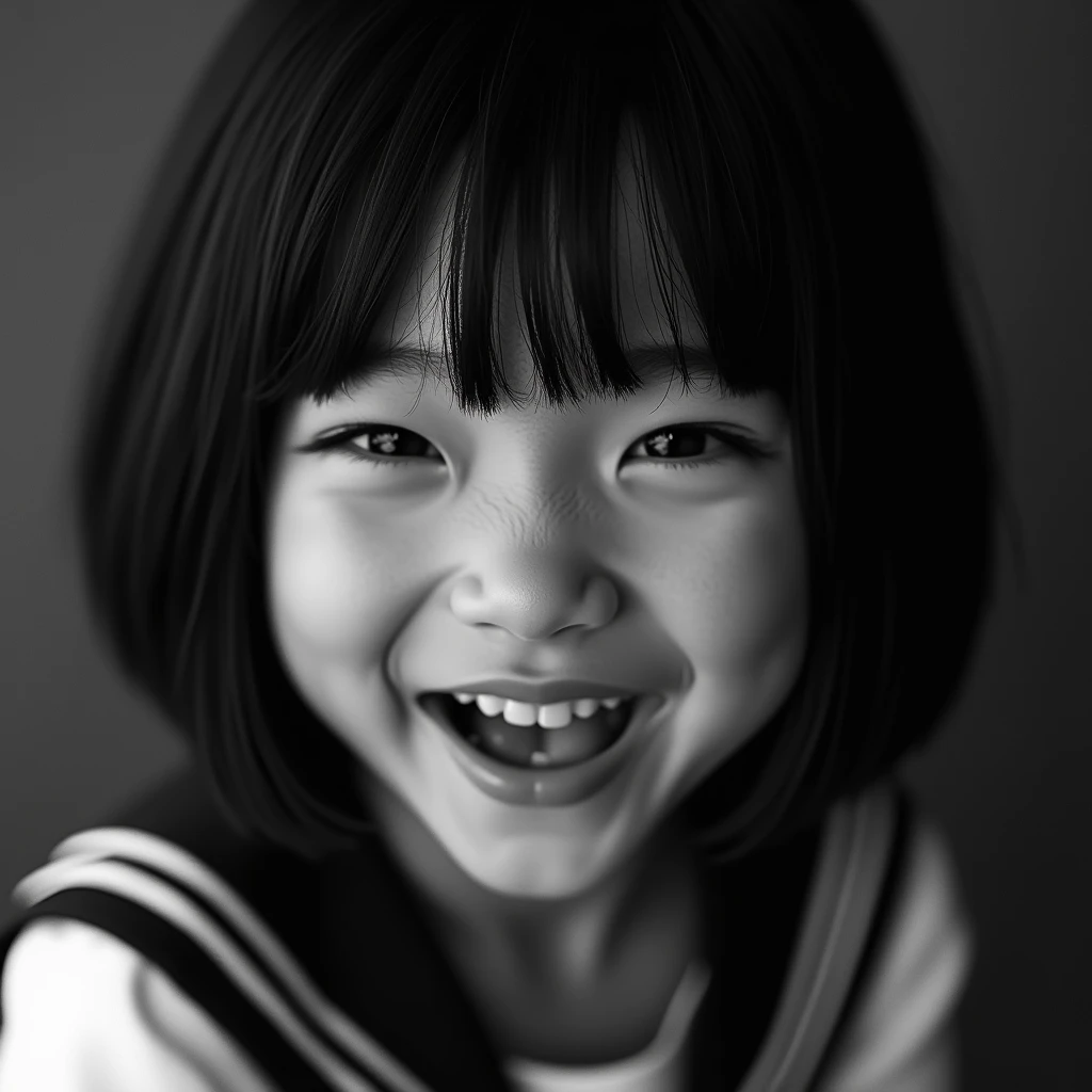 Black and White、Blushing、The eyes are a little narrow、Mouth agape、A girl with black hair and a bob haircut with a look of pleasure、The photo mainly shows the subject from the neck up.、Wearing a sailor uniform、