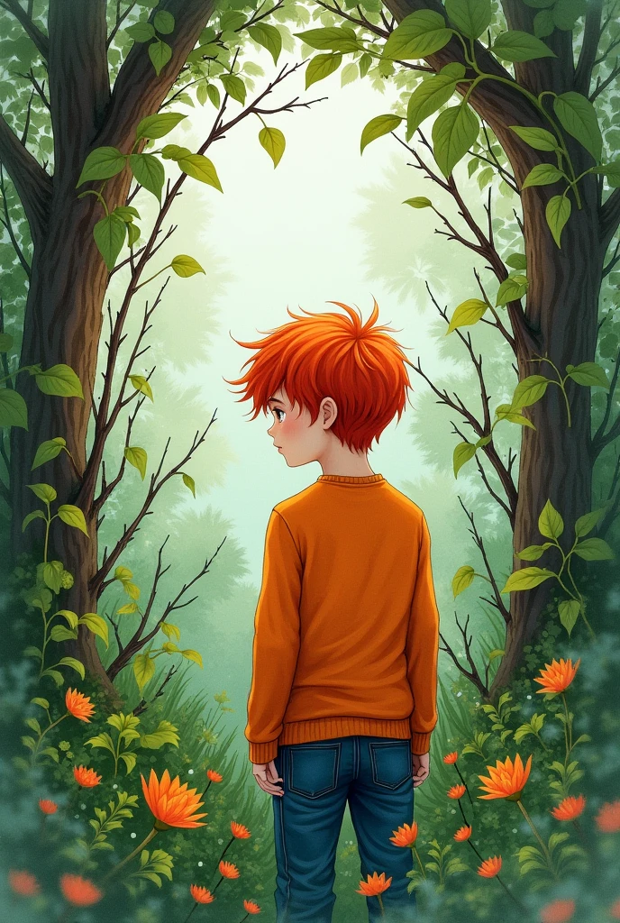 A red-haired boy with a melancholic look, in an orange long-sleeved shirt and jeans in a vast thorny garden. in watercolor