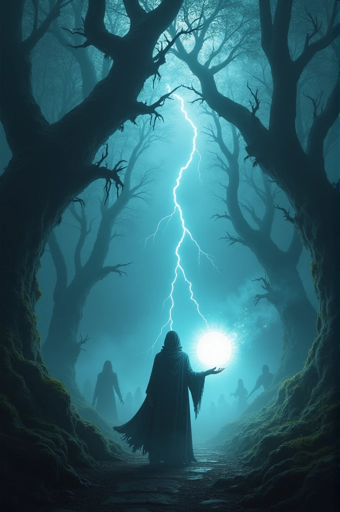 A solitary figure stands at the edge of a dark, misty forest, their silhouette illuminated by a mysterious, glowing orb hovering just above their outstretched hand. The forest is ancient, with twisted trees and vines that seem almost alive, reaching towards the figure. In the background, faint, ghostly apparitions swirl in the fog, their faces barely visible, hinting at the untold secrets hidden within the woods. The sky above is a deep, stormy blue, with flashes of lightning illuminating the ominous scene, creating a dramatic contrast between the ethereal light of the orb and the dark, foreboding atmosphere."