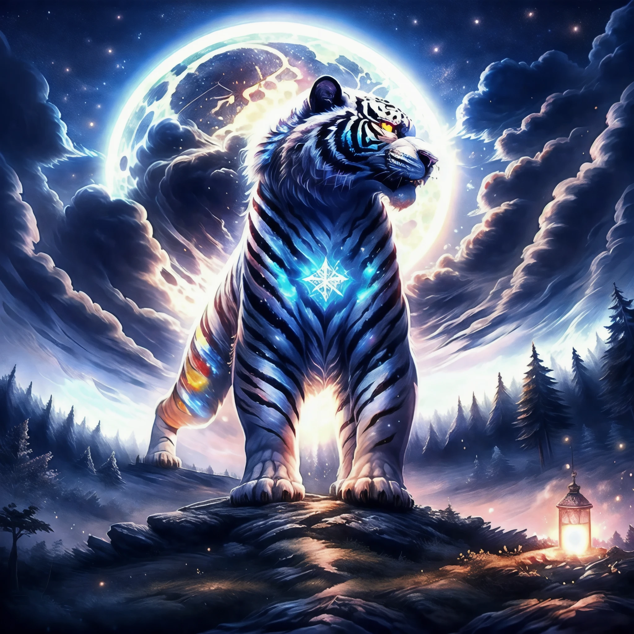 extensive landscape photography (a view from below showing the sky above and an open forest below), white tiger standing on a paved path looking at the landscape, full fur, magical fur (light particle around the white tiger), magic particle, magical fur (long and bushy), night setting, (full moon: 1.2), (shooting stars: 0.9), (nebula: 1.3), (warm light source: 1.2), (firefly: 1.2), (snowflake: 1.0), (snow on tree) (masterpiece: 1.2), (best quality), 4k, ultra detailed, (dynamic composition: 1.4), very detailed and colorful details, (iridescent colors: 1.2), (bright lighting, ambient lighting), dreamy, magical, (alone: ​​1.2)